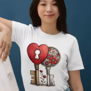Women White Cotton Printed T-Shirt Heart Key Floral Design Casual Wear Stylish Girls Top