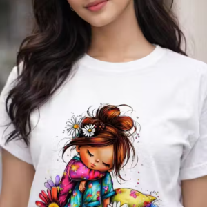 Cute Floral Girl Printed White Cotton T-Shirt for Women