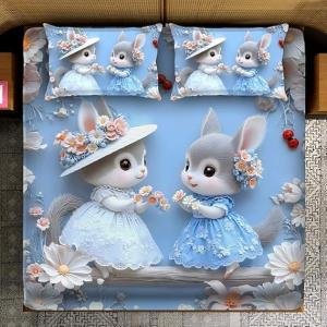 Sky Light Blue Colour 7D Mouse Printed Glace Cotton Super King Size 228x254cm Double Bed Sheet with 2 Pillow Covers