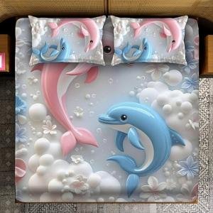 Premium Super King Size 7D Digital Panel Print Bedsheet Set – Dolphin Theme (1 Bedsheet with 2 Pillow Covers)275x275cm