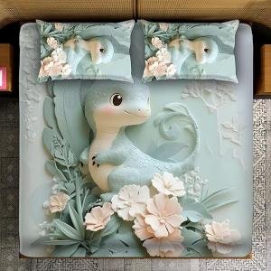 Premium Super King Size 7D Digital Panel Print Bedsheet Set – Cute Baby Dinosaur Floral Theme (1 Bedsheet with 2 Pillow Covers)228x254cm