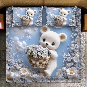 Wonder Glace Cotton 3Pc Queen Size Bedsheet Set 275x275cm With 2 Pillow Cover (Cute Teddy Blue)