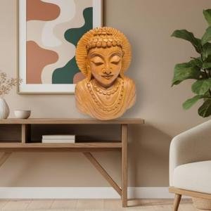 Laughing Buddha Statue - Handcrafted Wooden Feng Shui Money Buddha with Wealth Pot & Coin Necklace for Prosperity