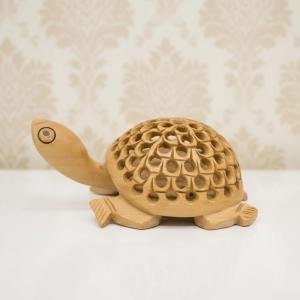 Handcrafted Wooden Turtle Figurine, 10 cm Length, Jali Design