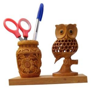 Handcrafted Multipurpose Wooden Pen Stand with Ashoka Pillar & Indian Flag | Desk Organizer for Office & Study Table