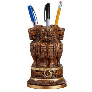 Ashoka Pillar Wooden Pen Holder for Desk, Pen Stand, Handcrafted Lion Capital Design, Organizer for Pens Pencils