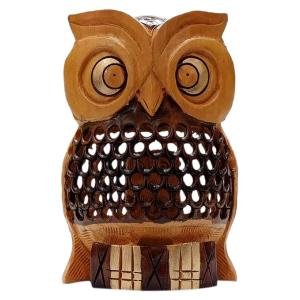 4" Wooden Carving Undercut Jali Work Owl Statue Beautiful Animal Figurines Showpiece Gifts for Home Decoration