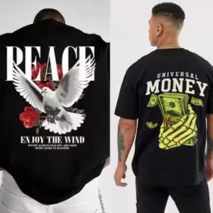 CHUGHZ Men’s Black Cotton Peace Dove Printed T-Shirt | Front & Back Kabutar Graphic Print | Half Sleeve Round Neck Regular Fit Casual Tee | Cotton Gym Wear T-Shirt for Men