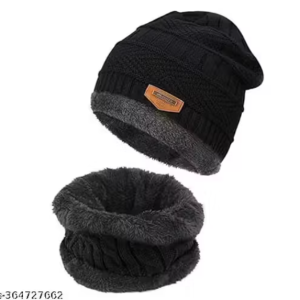 CHUGHZ Knitted Winter Cap & Neck Scarf with Fleece,Unisex Beanie Cap with Neck Warmer for Men & Women,Thermal Cap,Thick Fluffy Woollen Cap 2 Piece Combo