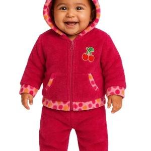Infant Fleece Hoodie Set with Cherry Embroidery, Zip-Up Sweatshirt and Pants, Polka Dot Trim, Available in Pink, Red and Brown