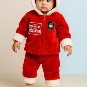 Fun Junction Winter Suit for Infants, Red Hooded Snowsuit with Fur Trim, Warm Fleece Holiday Outfit