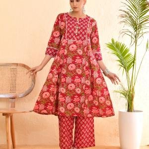 🌸 Women Cotton Floral Printed Anarkali Kurta with Palazzo Set