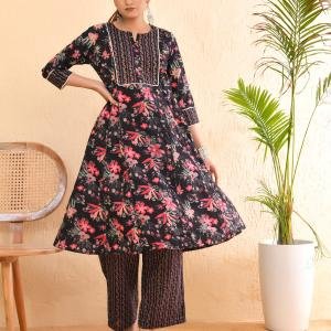 👗 Women’s Black Cotton Floral Printed Anarkali Kurta Palazzo Set