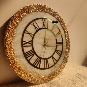 Resin Handmade White Golden Color With Golden Stone Wall Clock