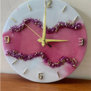 Resin Handmade Pink And White Color With Stones Wall Clock