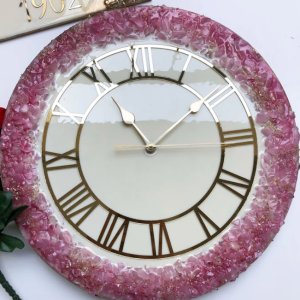 Resin Handmade White Color With Pink Stone Wall Clock