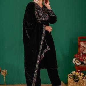 SHAHII BLACK Velvet Floral Suit with Dupatta