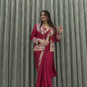 D 47 ❤️ Rani Pink Embroidered Jacket Saree