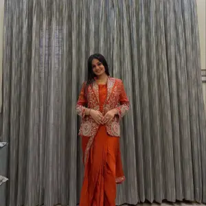 D 55 🧡 Rust Orange Saree with Heavy Embroidery Jacket