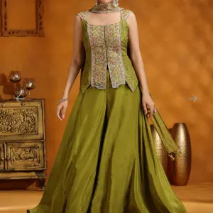 D 76 ✨ Elegant Olive Green Embroidered Palazzo Set ✨