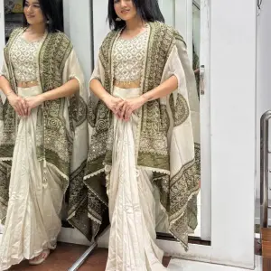 D 95✨ Elegant Ivory & Olive Designer Saree Look ✨