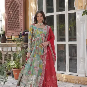 D 65 ✨ Elegant Floral Anarkali Gown with Red Dupatta ✨