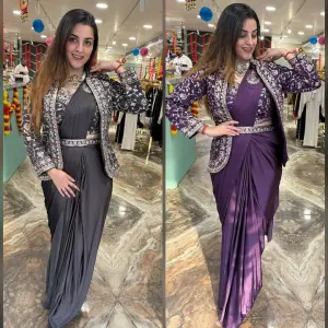D 49 ✨ Designer Purple Drape Saree with Embroidered Jacket Set ✨💜 Purple (Royal Plum)