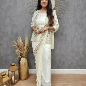 D 89 ✨ Elegant Ivory Designer Saree with Embroidered Jacket ✨