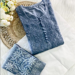 PARI Grey Cotton Dobby Chikankari Kurta Pant Set