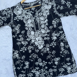 ALIA Black Pure Mulmul Chikankari Printed Short Top