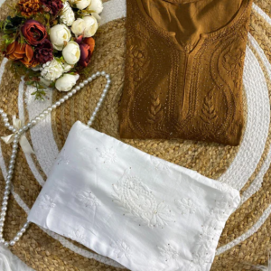 ANAMIKA Brown Modal Silk Mokaish Chikankari Kurta Palazzo Set