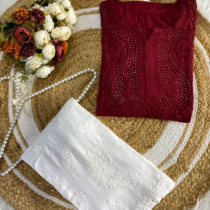 ANAMIKA Maroon Modal Silk Mokaish Chikankari Kurta Palazzo Set