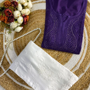 ANAMIKA Purple Modal Silk Mokaish Chikankari Kurta Palazzo Set