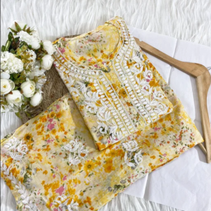 ISHANI Mulmul Cotton Printed Yellow Chikankari Kurta Palazzo Set