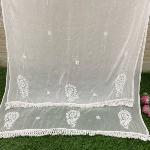 LATA White Boota Chiffon Chikankari Lace Dupatta
