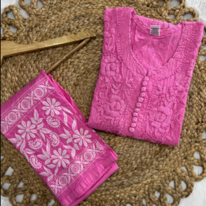 NANDINI Baby Pink Pure Brasso Chikankari Kurti Pant Set