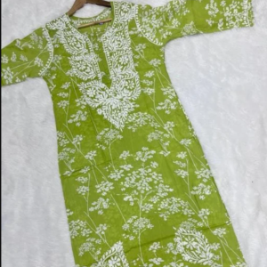 NISHA Green Mulmul Printed Chikankari Long Kurta