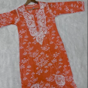 NISHA Orange Mulmul Printed Chikankari Long Kurta