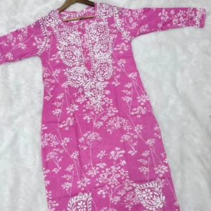 NISHA Pink Mulmul Printed Chikankari Long Kurta