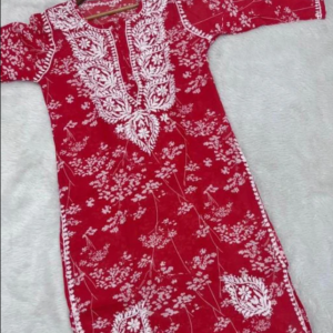 NISHA Red Mulmul Printed Chikankari Long Kurta