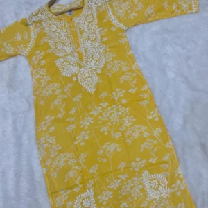 NISHA Yellow Mulmul PrintedChikankari Long Kurta