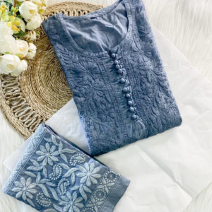 PARI Grey Cotton Dobby Chikankari Kurta Pant Set