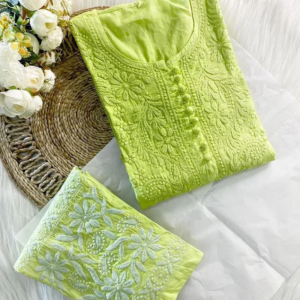 PARI Lemon Green Cotton Dobby Chikankari Kurta Pant Set