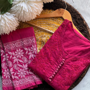 PARI Pink Cotton Dobby Chikankari Kurta Pant Set