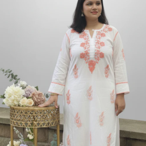 RUHANI Coral Pure Mul Cotton Chikankari Kurti and Pant Set