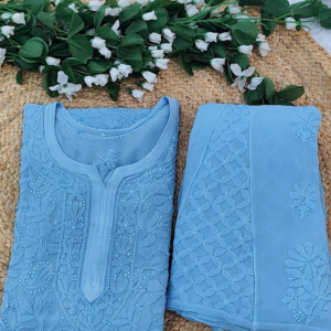 SANDHYA Blue Pure Viscose Chikankari Resham 4pcs Set