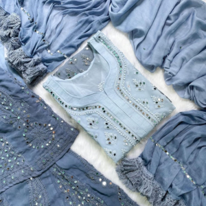 SAPNA Grey Mirror Work Chikankari Kurta Palazzo Set