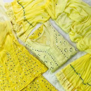 SAPNA Yellow Mirror Work Chikankari Kurta Palazzo Dupatta Set