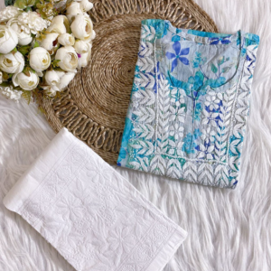 SONALI Blue Mulmul Printed Chikankari Short Top Set