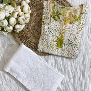 SONALI Green Mulmul Printed Chikankari Top Set